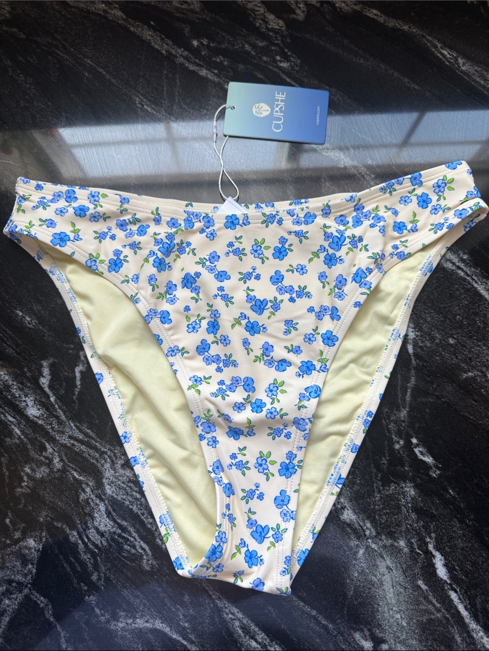 Cupshe Cream Bikini Bottoms with Blue Floral Print